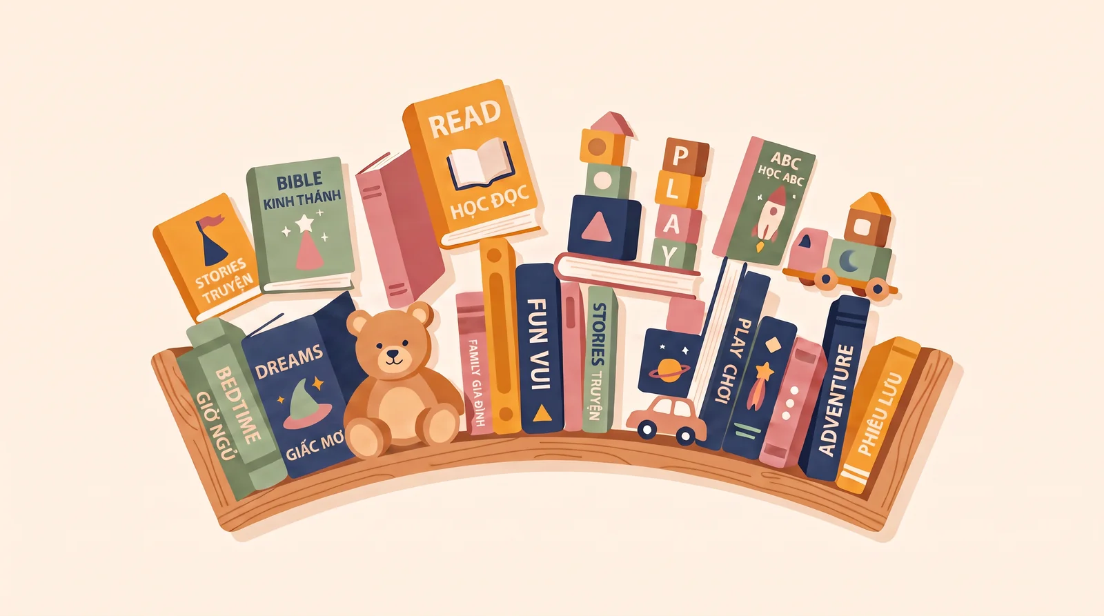 A wooden shelf full of colorful children's books and toys in English and Vietnamese
